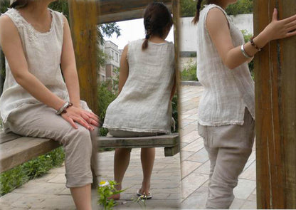 edoa Hand Embroidered Double Layer Gauzy Linen Summer Tank
