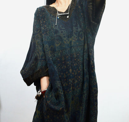 Reversible Loose Fitting Printed V-neck Mud Noil Silk Dress dr0239 X190