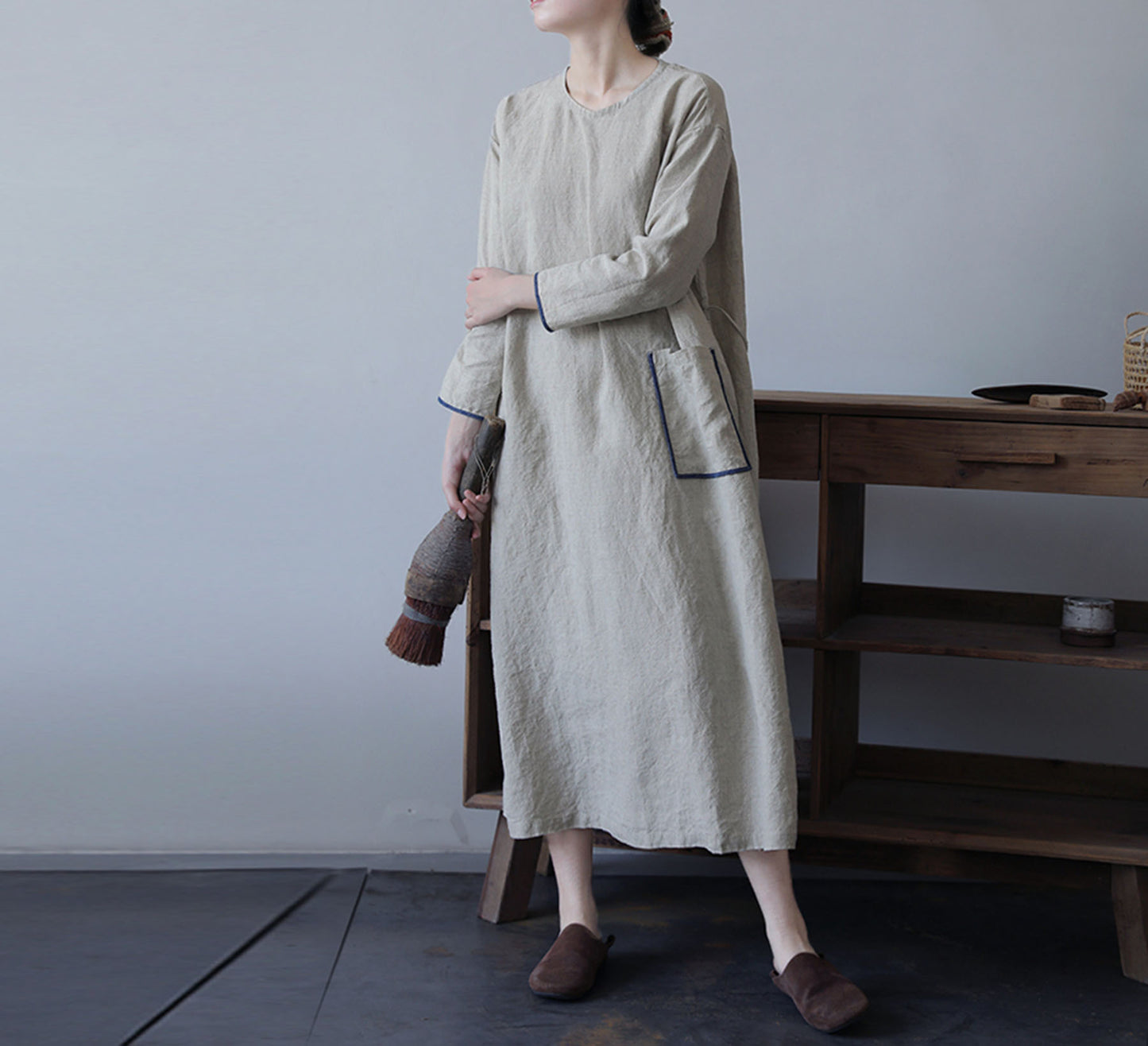 edoa Flax Linen Bracelet Sleeves A-line Dress