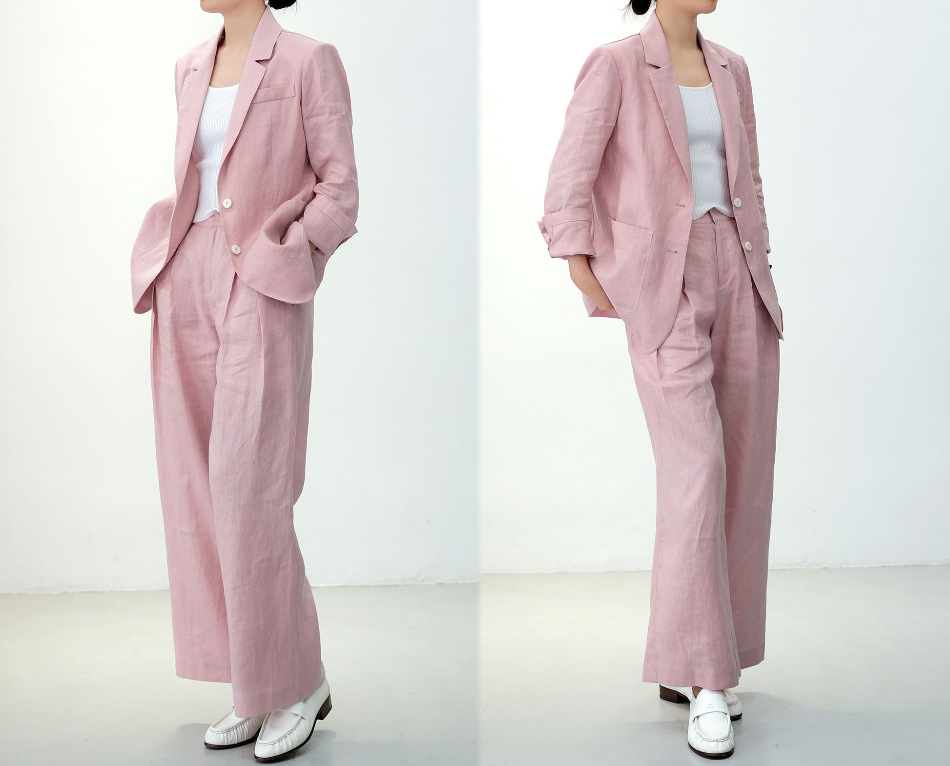 edoa Pink Wide Leg Linen Pants with pockets