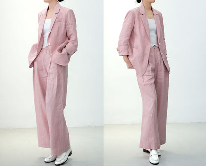 edoa Pink Wide Leg Linen Pants with pockets