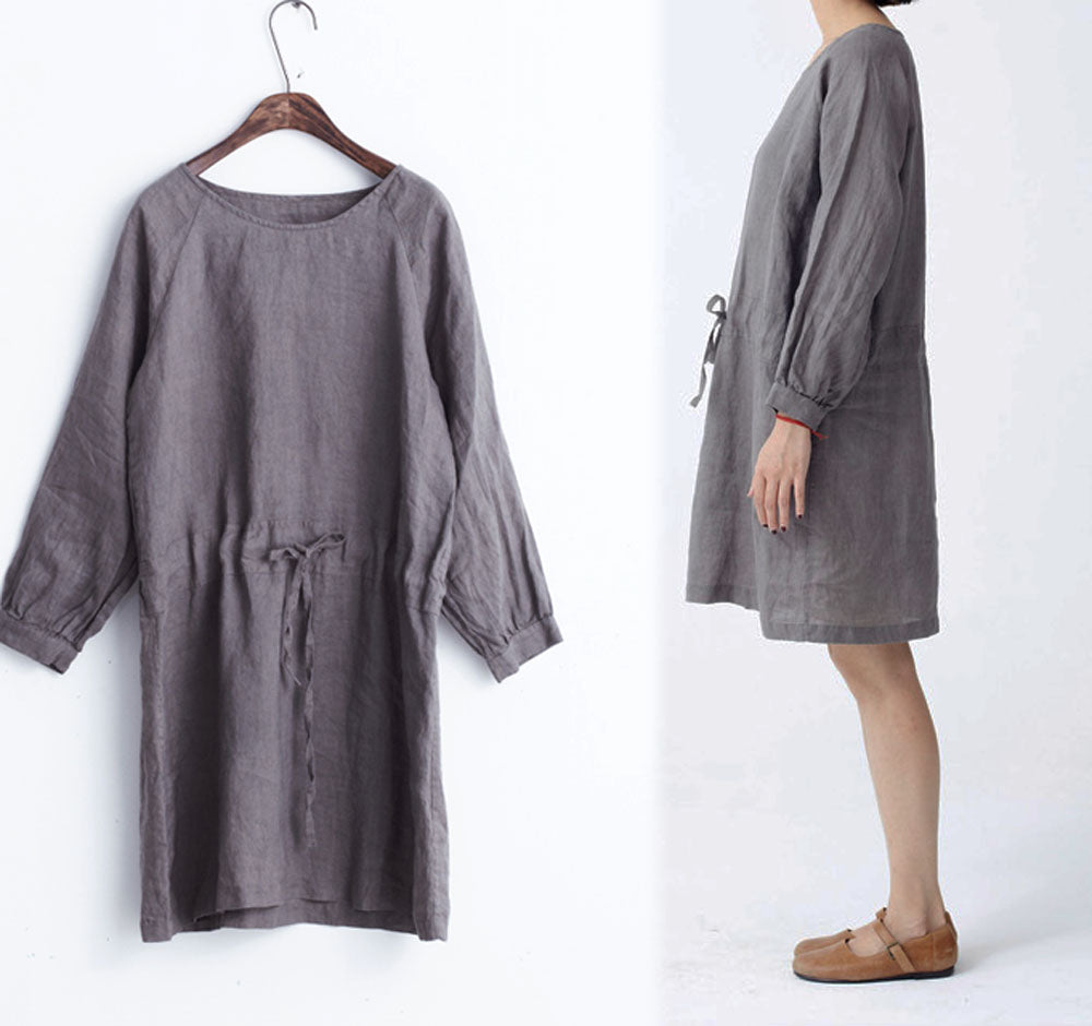 edoa Round Neck Long Sleeve Ramie Dress