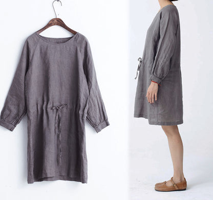 edoa Round Neck Long Sleeve Ramie Dress