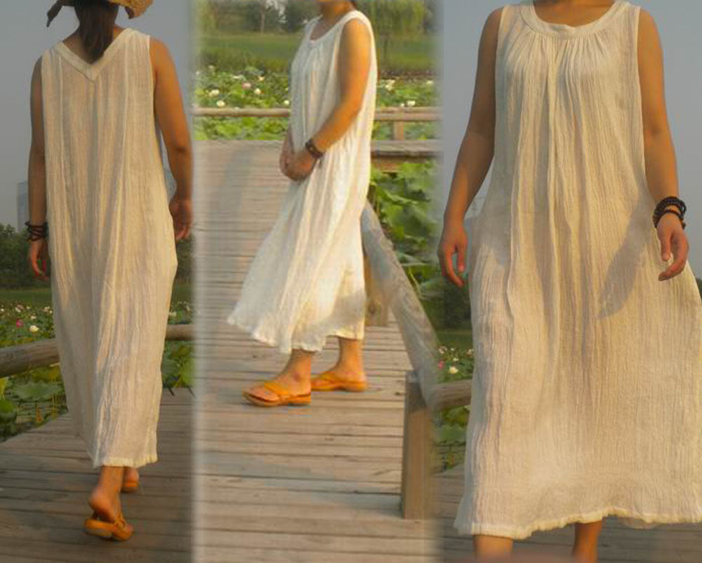 edoa Trapeze Gathered Linen Maxi White Dress 