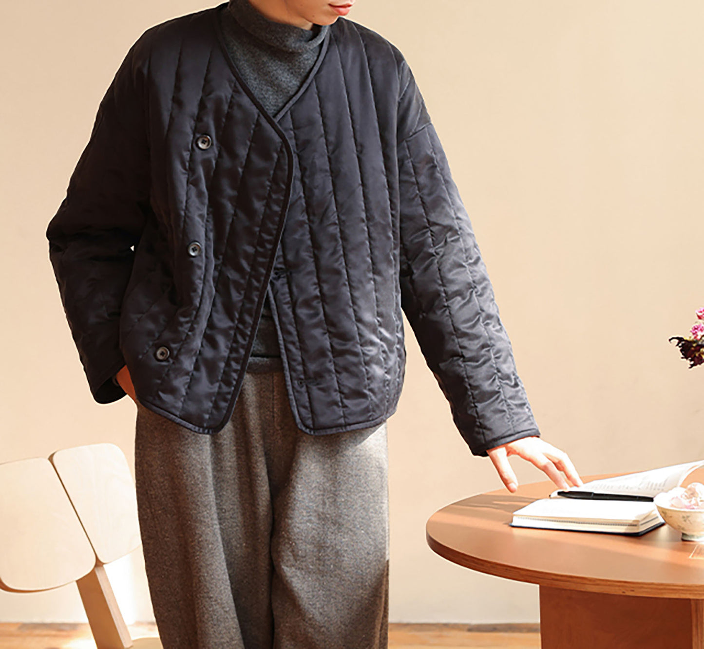 edoa Collarless Mulberry Silk Padded Overshirt