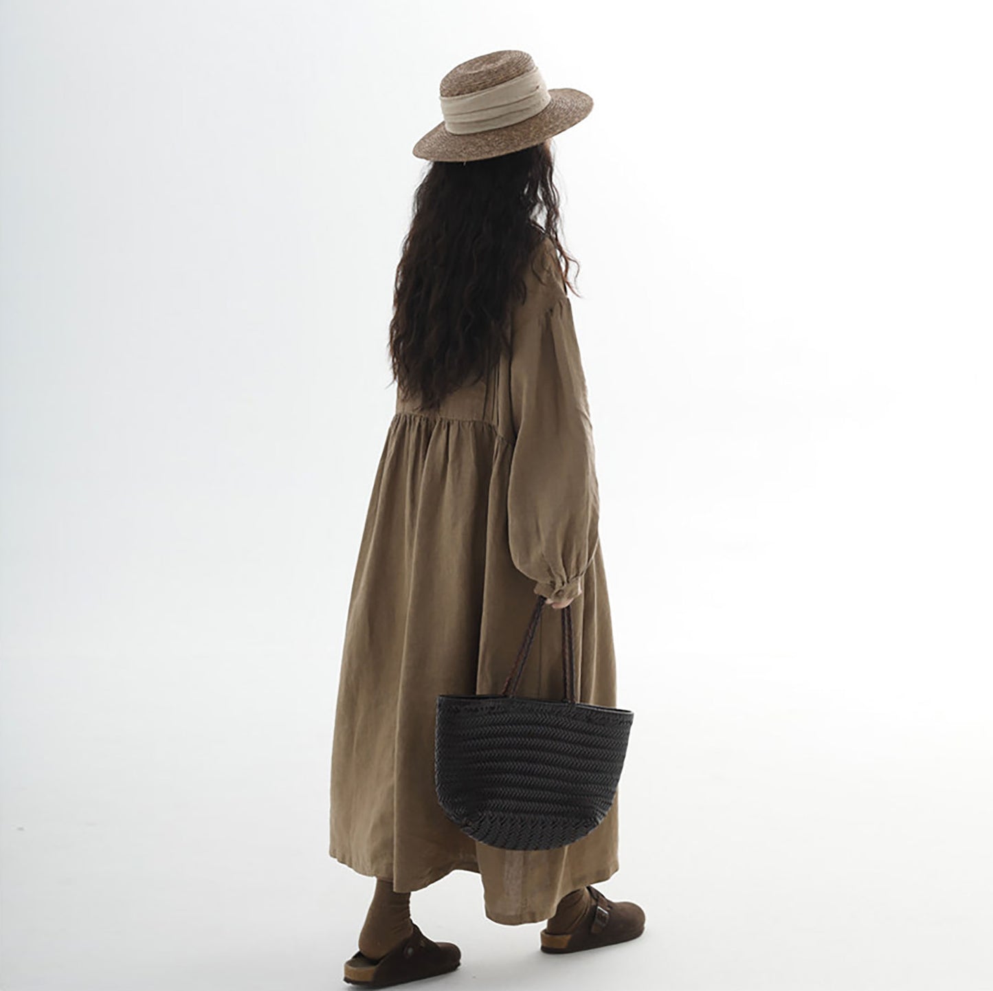 edoa Loose Brown Stone-washed Linen Dress