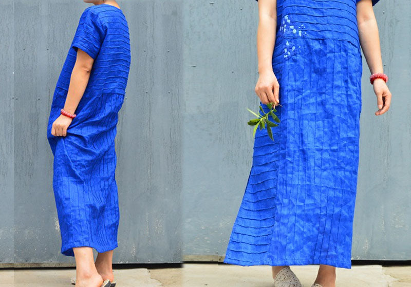 edoa Electric Blue Pintucked Allover Linen Dress