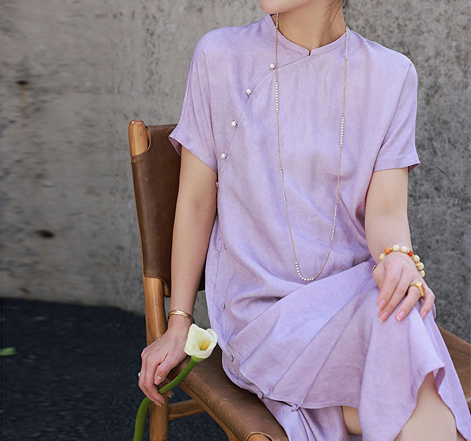edoa Distressed Tussah Silk Qipao