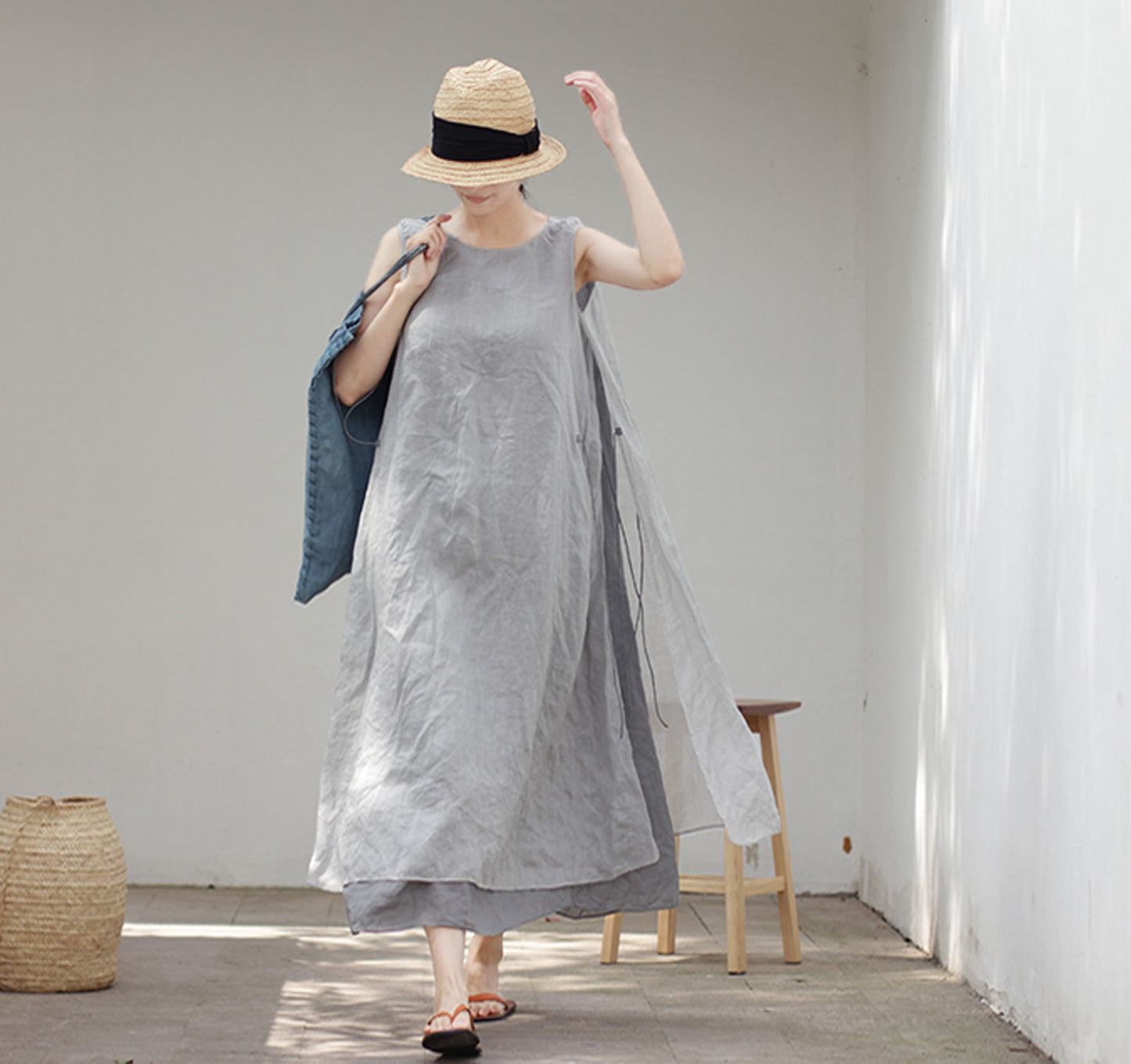 edoa Two Layer Ramie Long Sleeveless Dress