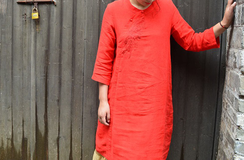 edoa red Washed Linen Modified Qipao