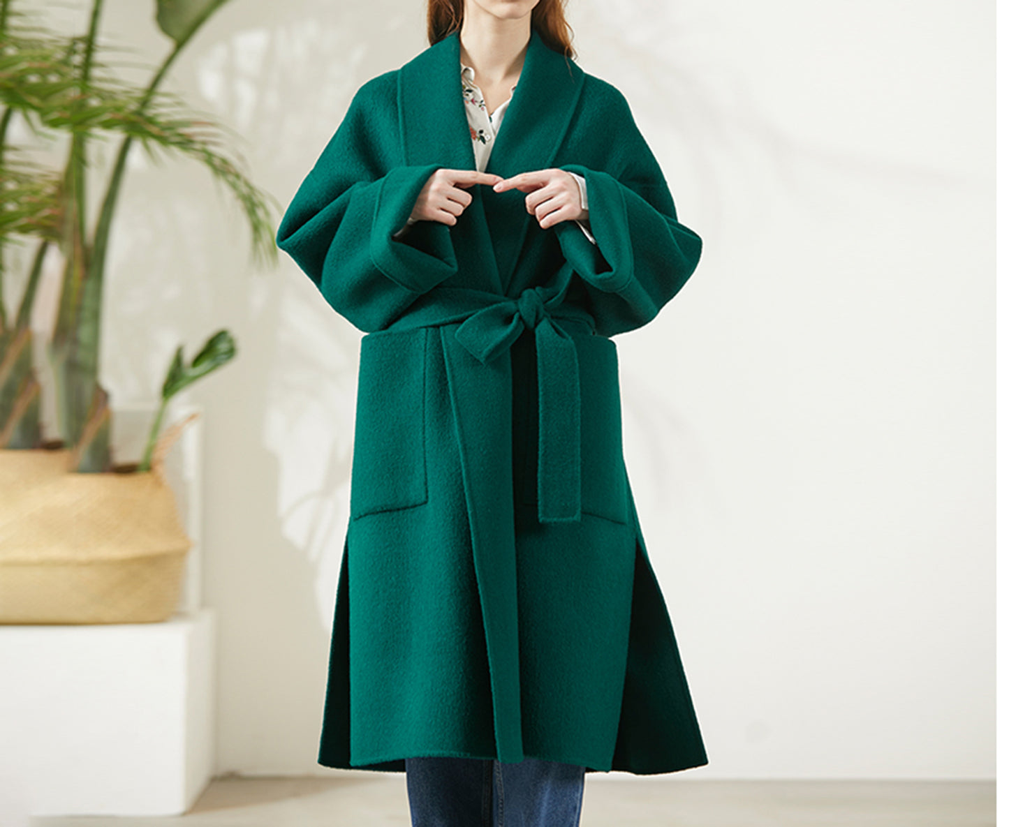 edoa  Double-faced Wool Belted Trapeze Wrap Coat