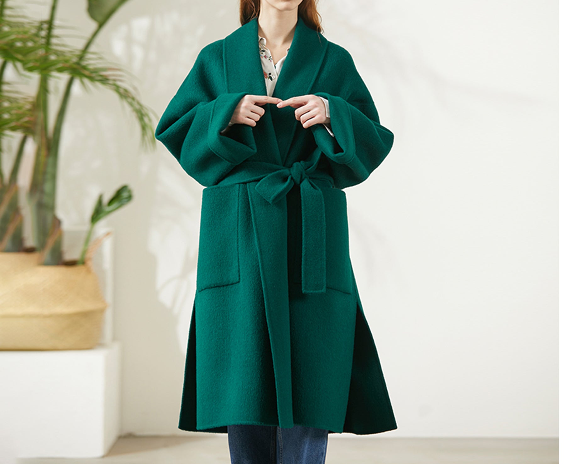 edoa  Double-faced Wool Belted Trapeze Wrap Coat
