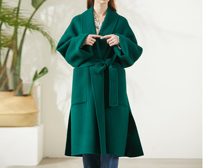 edoa  Double-faced Wool Belted Trapeze Wrap Coat