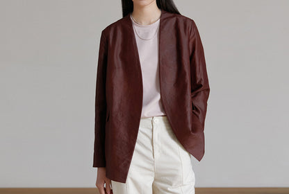 edoa Rusty Mud Silk Collarless V-neck Blazer