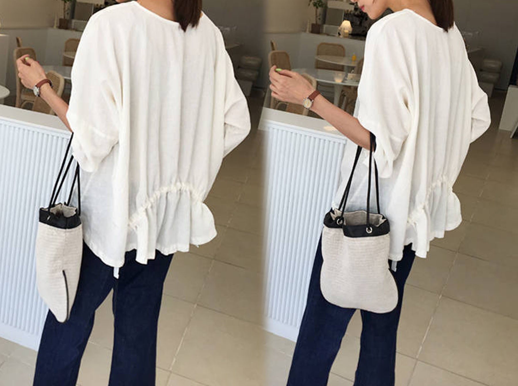 edoa Loose White French Linen T Shirt