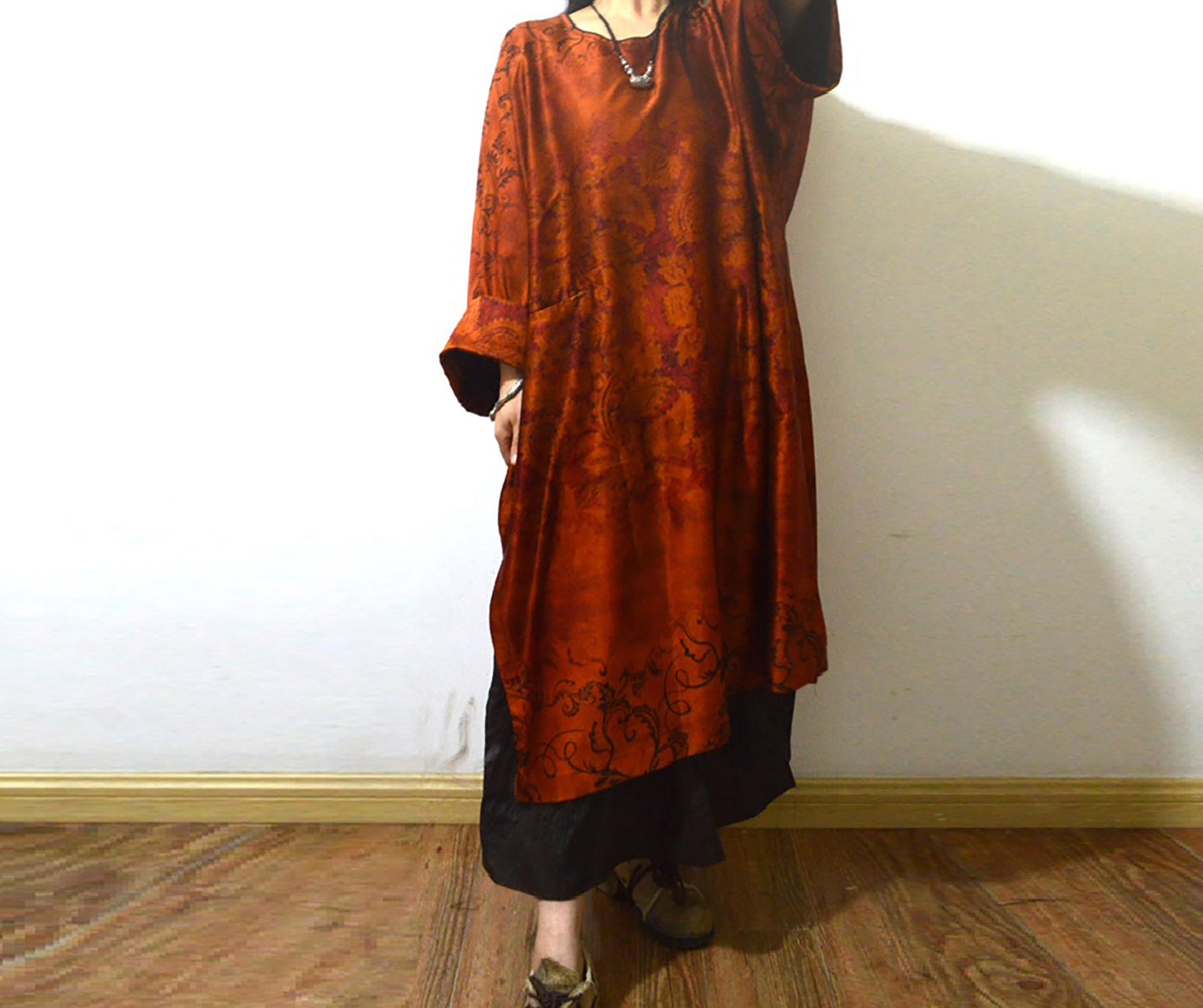 edoa Oversized Printed Mud Silk Charmeuse Kaftan Dress