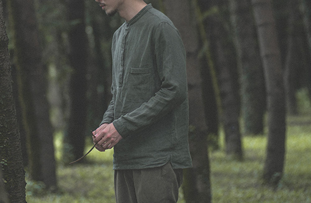 edoa Stand Collar Moss Green Washed Linen Shirt 