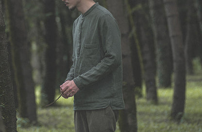 edoa Stand Collar Moss Green Washed Linen Shirt 