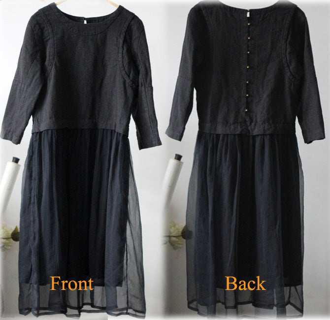 edoa Linen and Silk Chiffon Block Long Dress