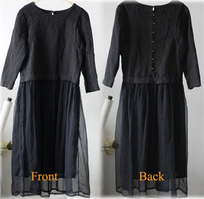 edoa Linen and Silk Chiffon Block Long Dress