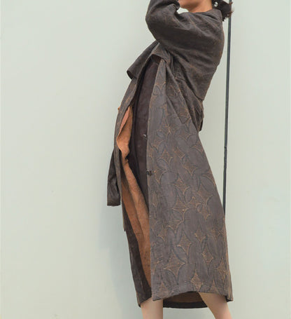 edoa Mud Tussah Silk Jacquard Peter Pan Collar Trench Coat 