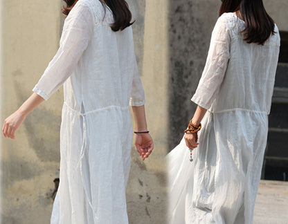 edoa Contrast Hand Stiched Detailed White Ramie Dress
