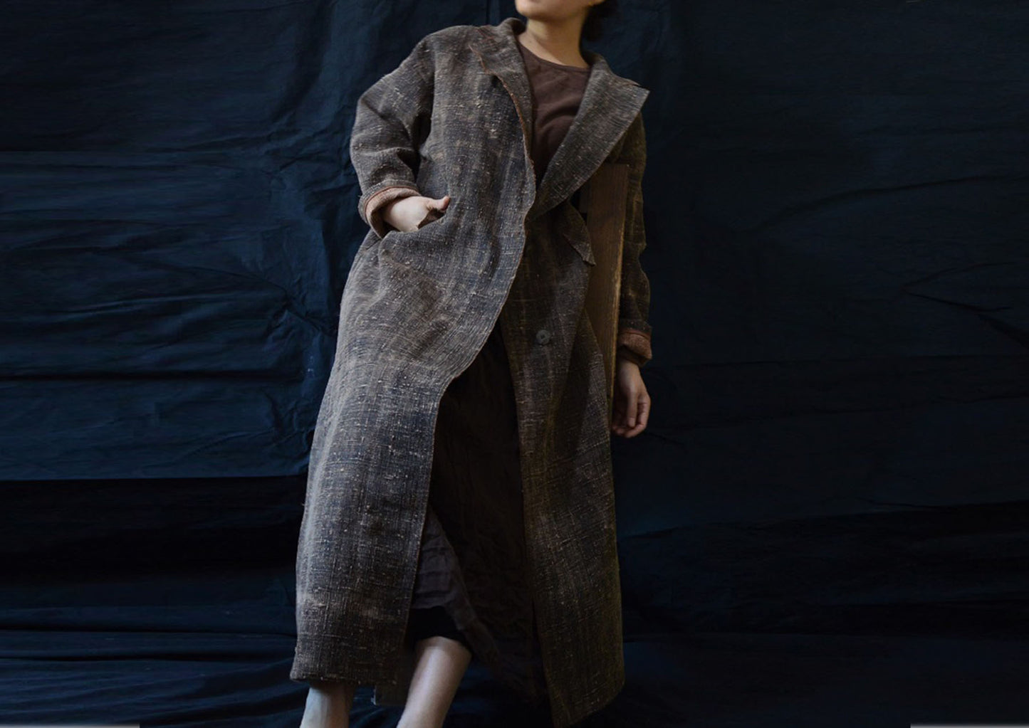 edoa Heavy Weight Distressed Mud Tussah Silk Coat