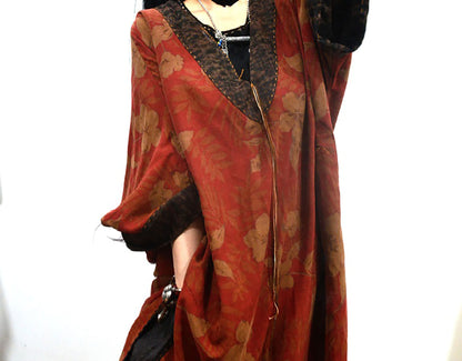 edoa Reversible Loose Fitting Deep V-neck Printed Mud Noil Silk Dress