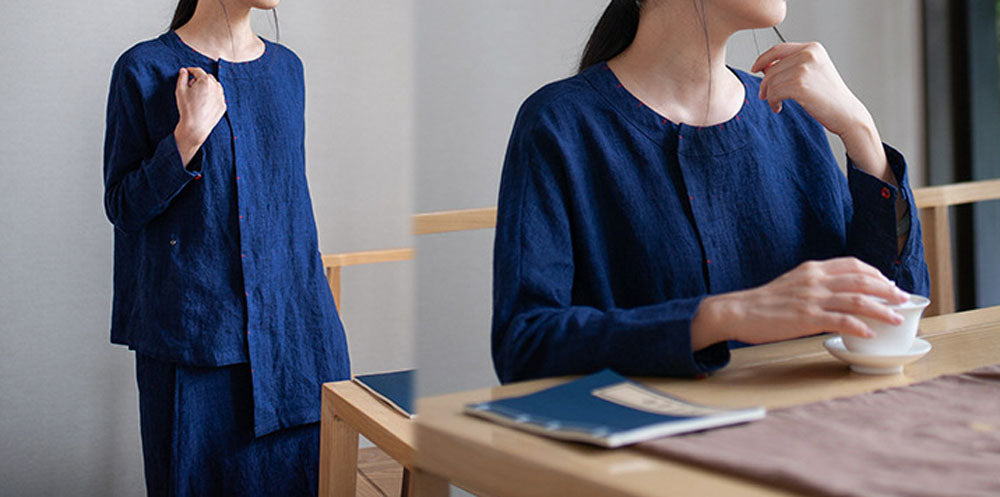 edoa Linen Long Sleeves Asymmetric Hemline Top