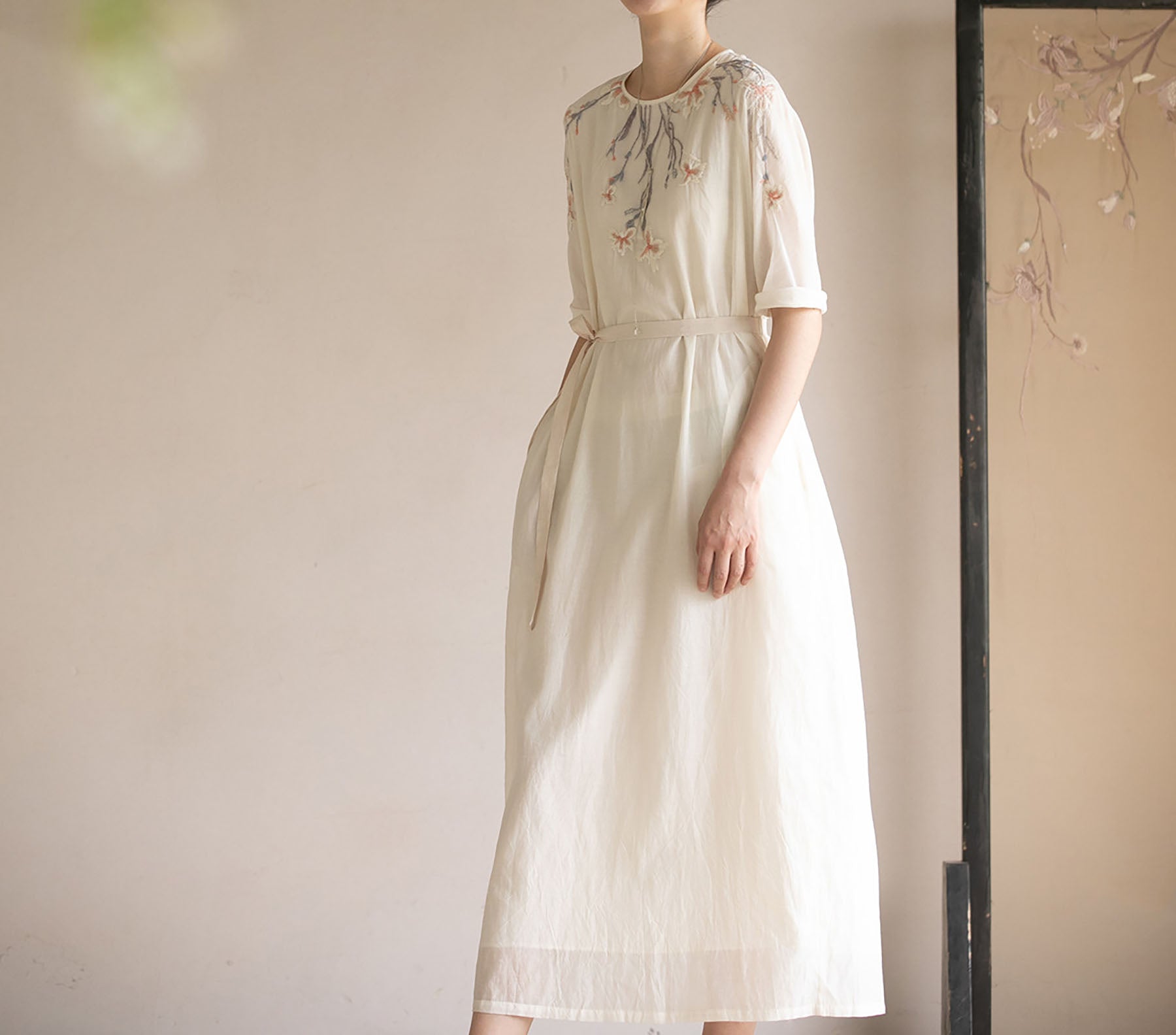 edoa Cotton Silk Blend Hand Embroidered Dress 