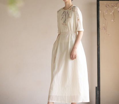 edoa Cotton Silk Blend Hand Embroidered Dress 