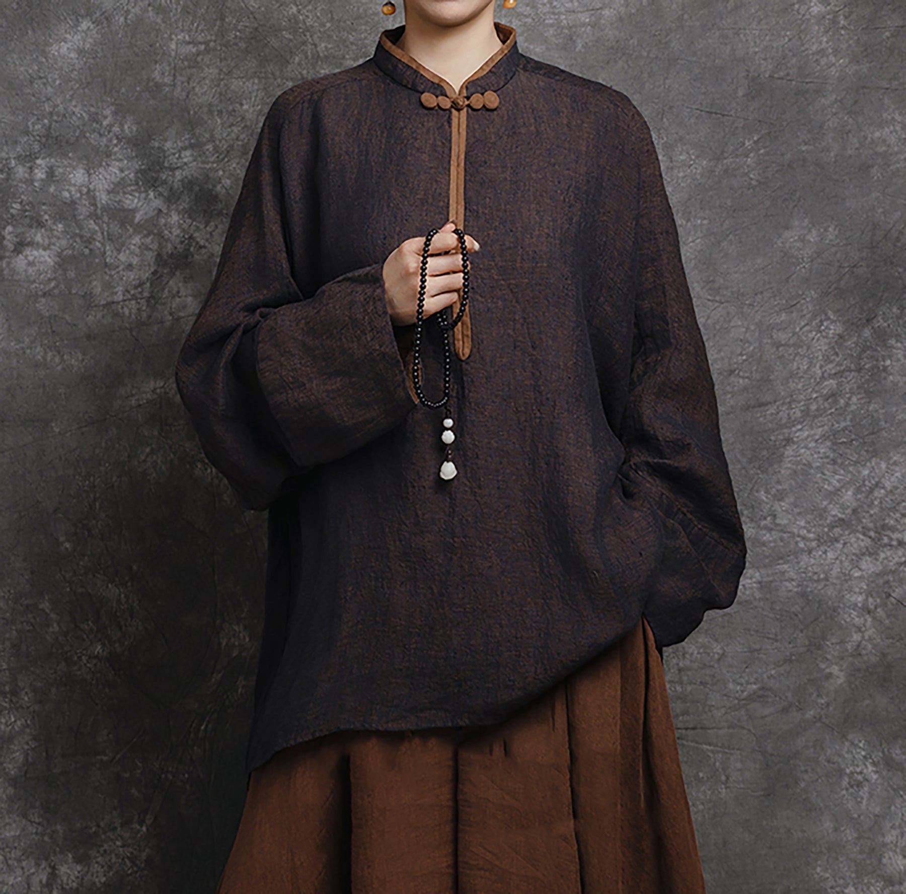 edoa Loose Yarn Dyed Linen Batwing Blouse