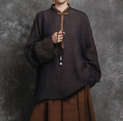 edoa Loose Yarn Dyed Linen Batwing Blouse