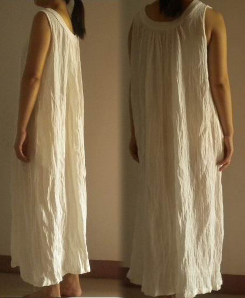 edoa Trapeze Gathered Linen Maxi White Dress 