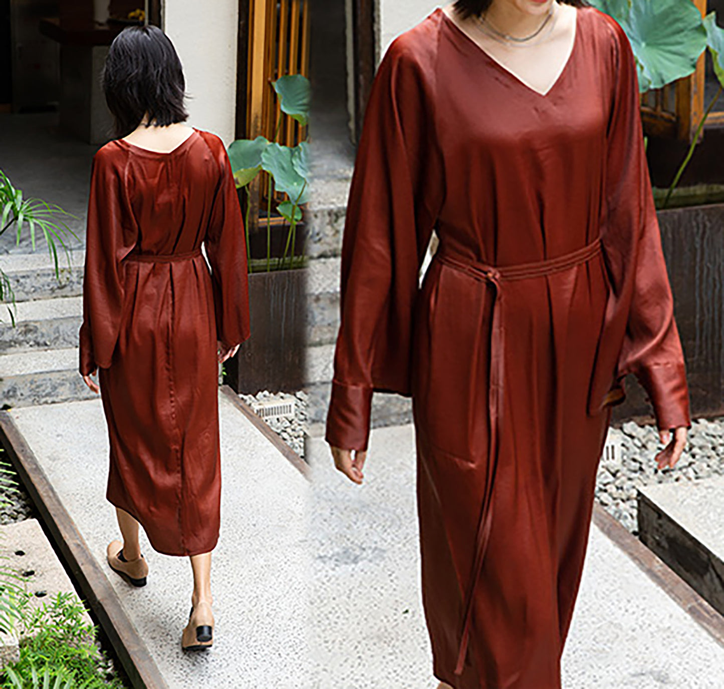 EDOA Mud Silk Satin V-Neck Kaftan Dress