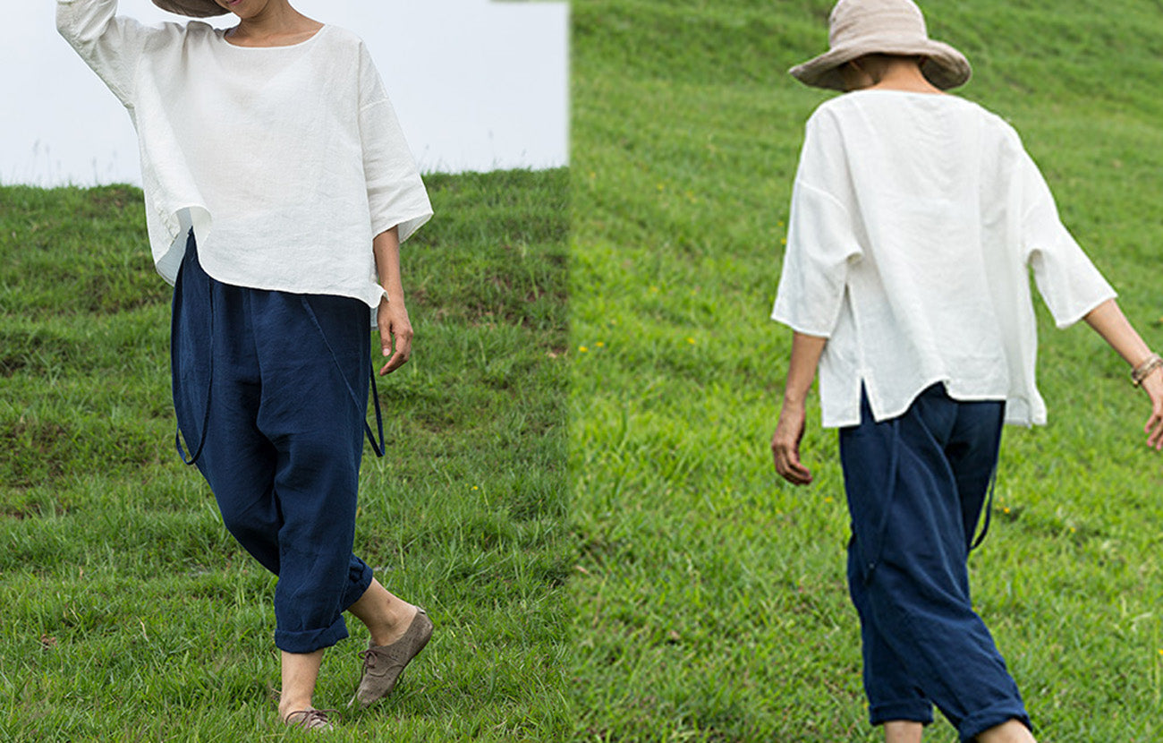 edoa Minimalist White Linen Ease Top