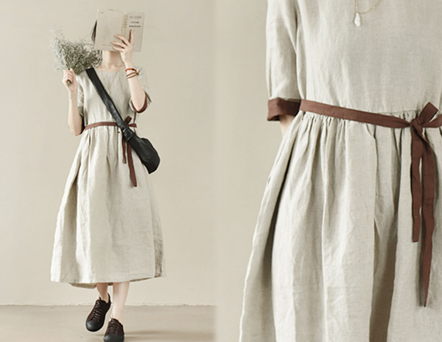 edoa Flax Linen Half Sleeve High Waist Gathering Dress