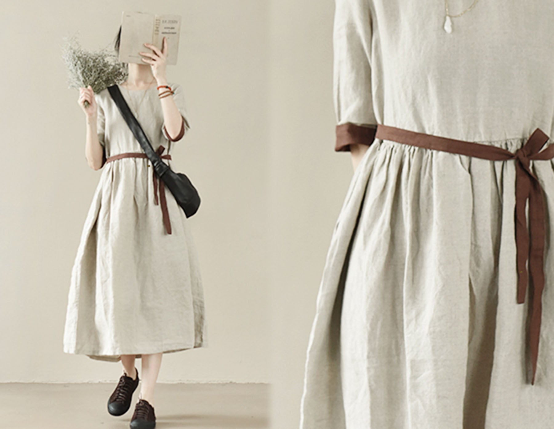 edoa Flax Linen Half Sleeve High Waist Gathering Dress