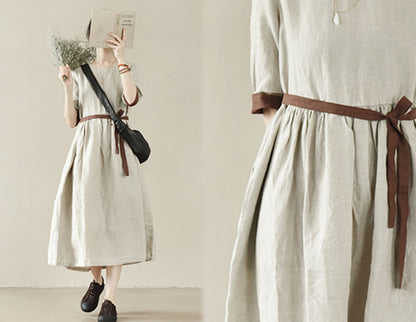 edoa Flax Linen Half Sleeve High Waist Gathering Dress
