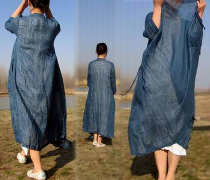 edoa Thin Linen Peacock Blue Cardigan Dress