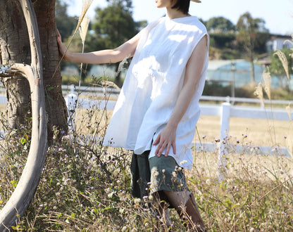 edoa White Oversized Linen Sleeveless Swing Top with Band Collar