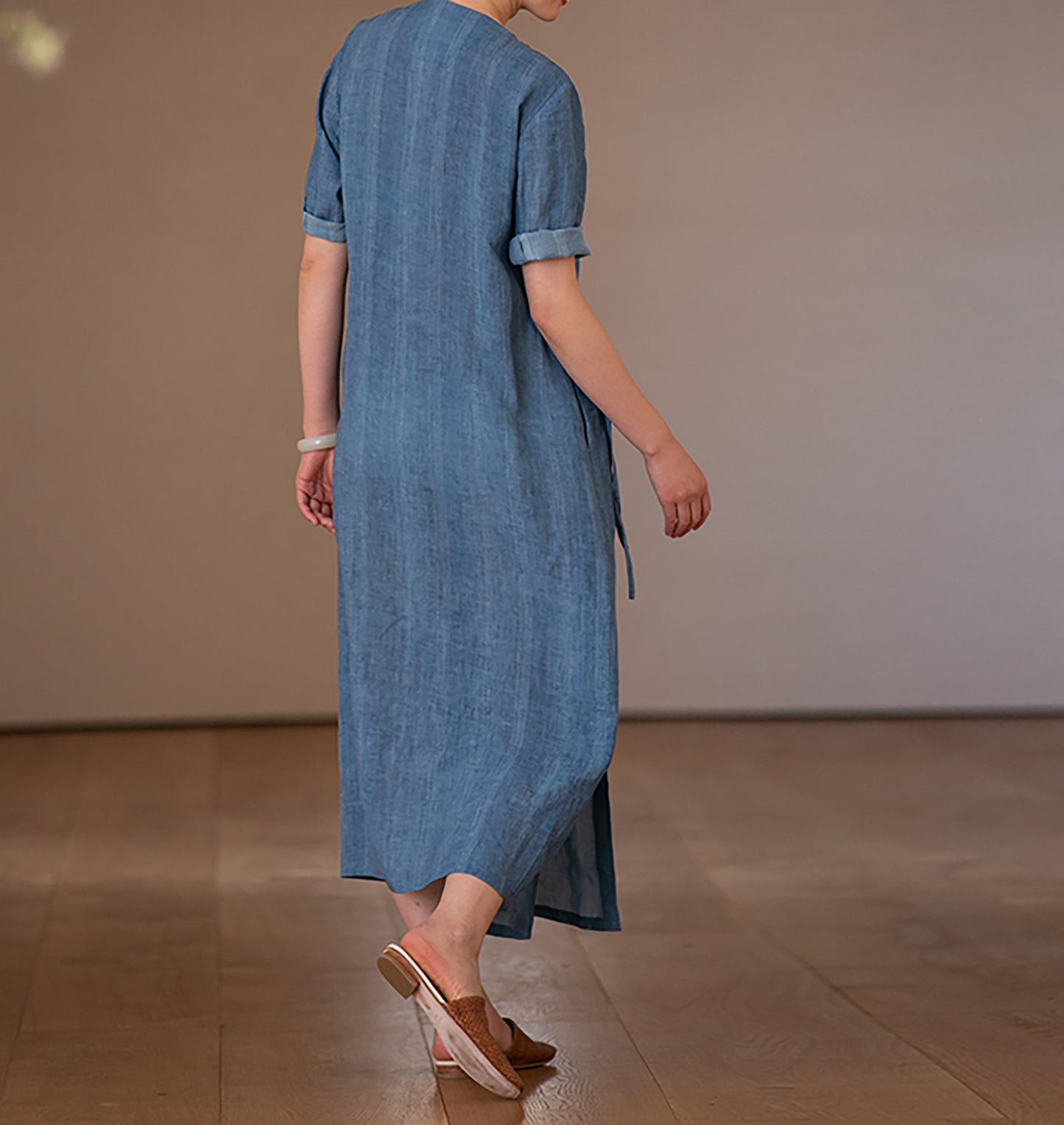 edoa Hand Embroidered Tie Dyed Ramie V-neck Chinese Dress 