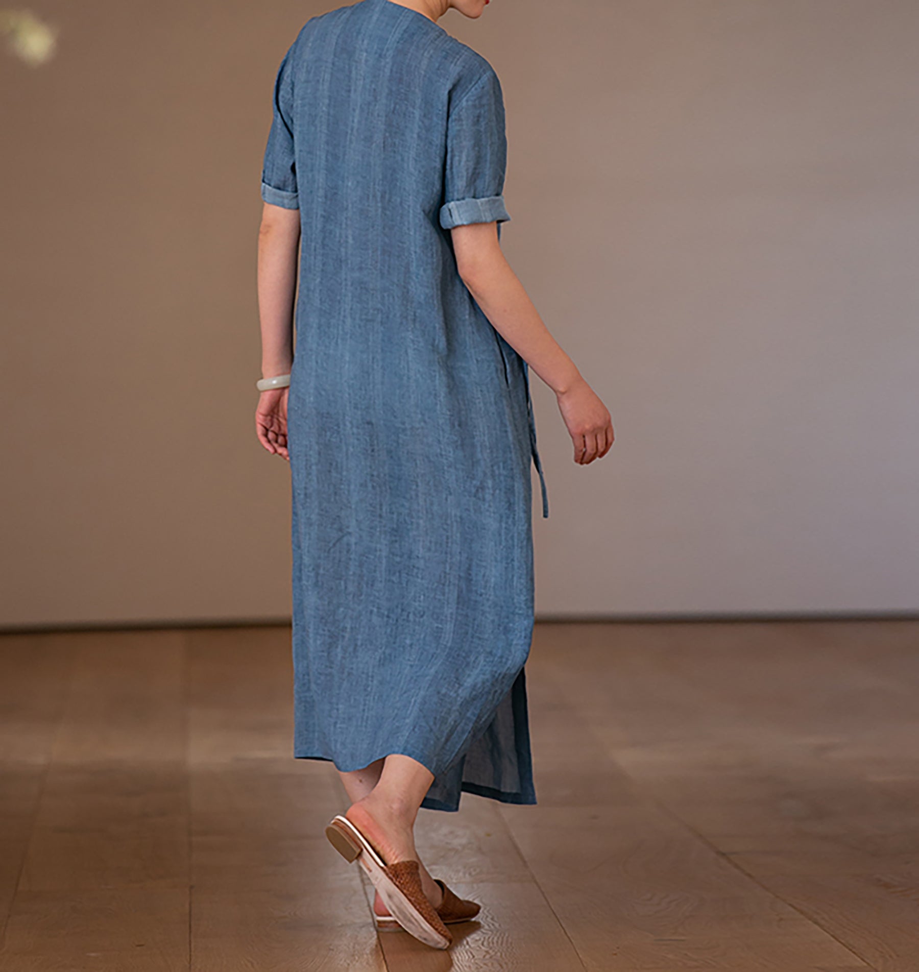 edoa Hand Embroidered Tie Dyed Ramie V-neck Chinese Dress 