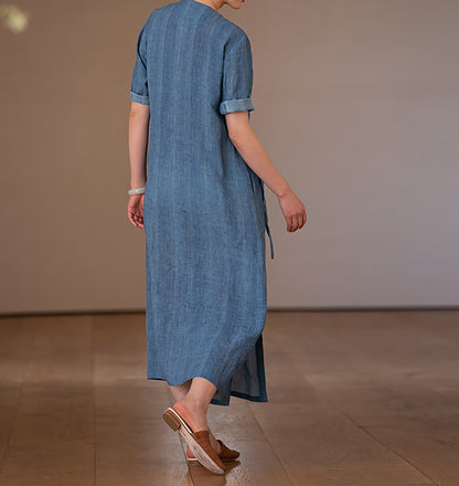 edoa Hand Embroidered Tie Dyed Ramie V-neck Chinese Dress 