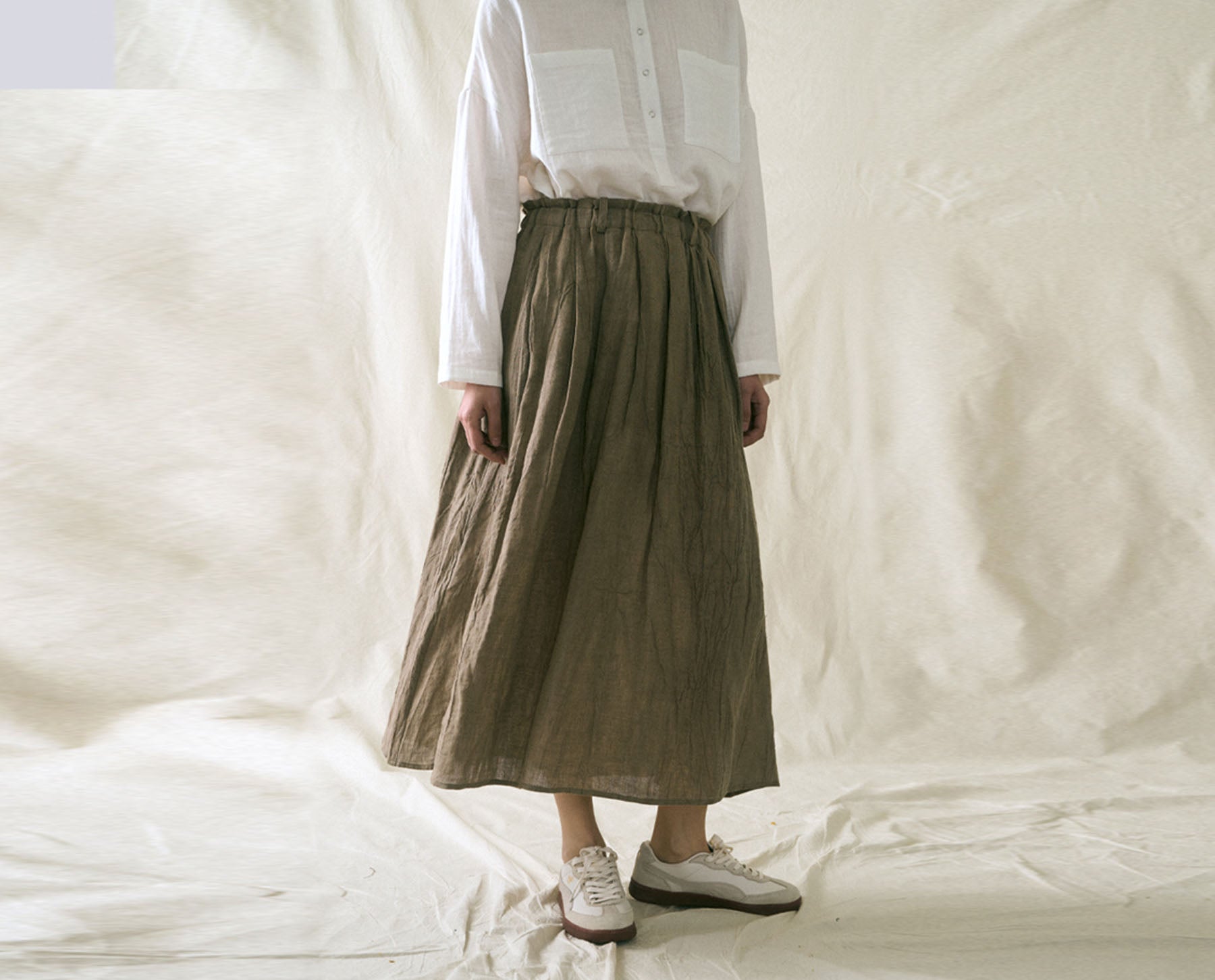 edoa Distressed Crinkled PIgment Dyed Linen A-line Pleated Skirt