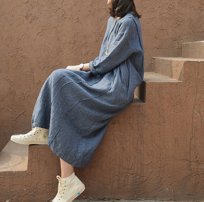edoa Yarn Dyed Linen Dress with Pintucks 