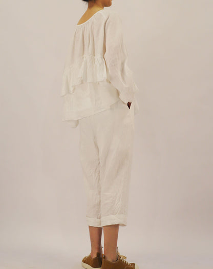 edoa White French Linen 2-way Ruffle Poem Tunic