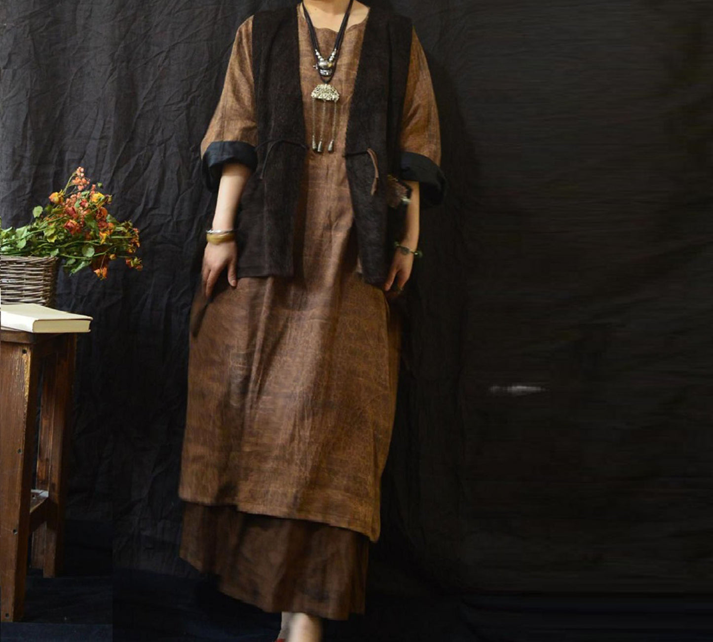 edoa Reversible Loose Fitting Cracked Mud Silk Dress 