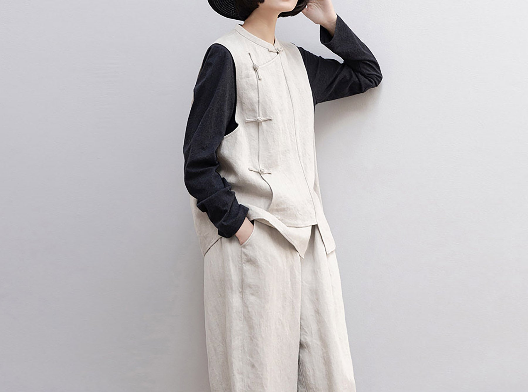 edoa Twill Flax Linen Chinese Vest 