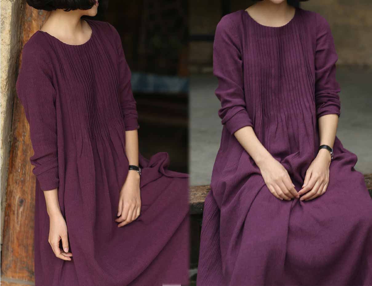 edoa Hand Pintucked Crinkled Linen Floor-length Dress